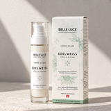 Crème visage anti-âge Belle Luce à l’edelweiss bio cultivé en Valais, eau de glacier suisse, 99,7 % d’origine naturelle, flacon pompe 50 ml.