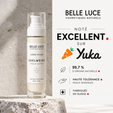 Crème visage anti-âge Belle Luce à l’edelweiss bio cultivé en Valais, eau de glacier suisse, 99,7 % d’origine naturelle, flacon pompe 50 ml. yuka note