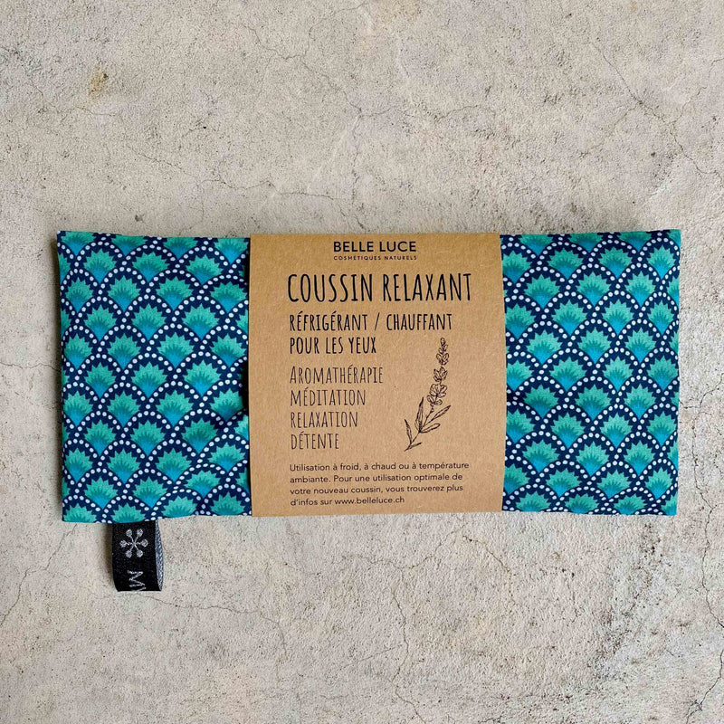 coussin de relaxation aromatherpaie couleur emeraude belle luce cosmetiques migraine, lin, lavande, 