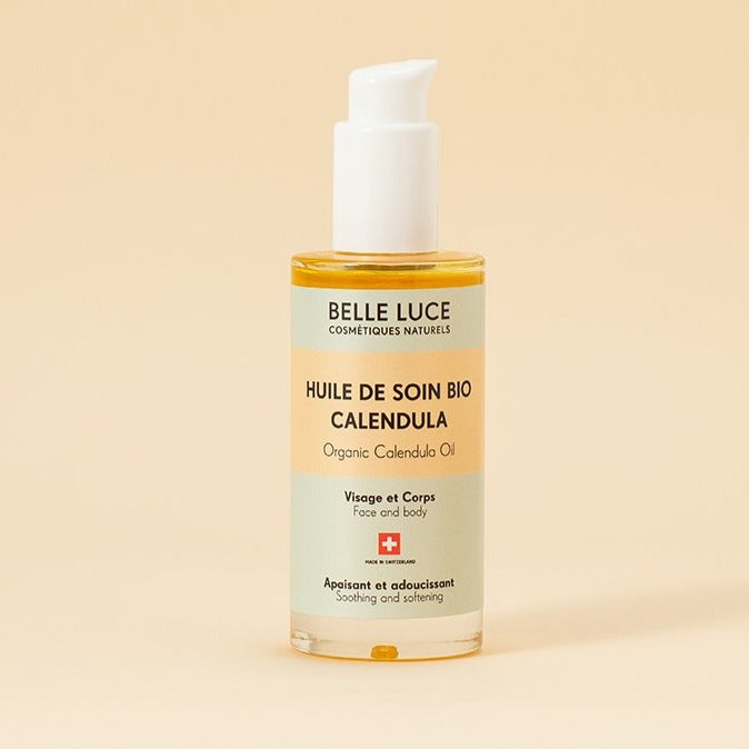 Huile de soin aux fleurs de calendula, douce et polyvalente elle est adaptée à tous.  Assouplissante et nourrissante, elle est recommandée pour le soin quotidien des peaux sensibles, exigeantes, sèches, et sujettes à inconfort. belle luce cosmétiques -switzerland