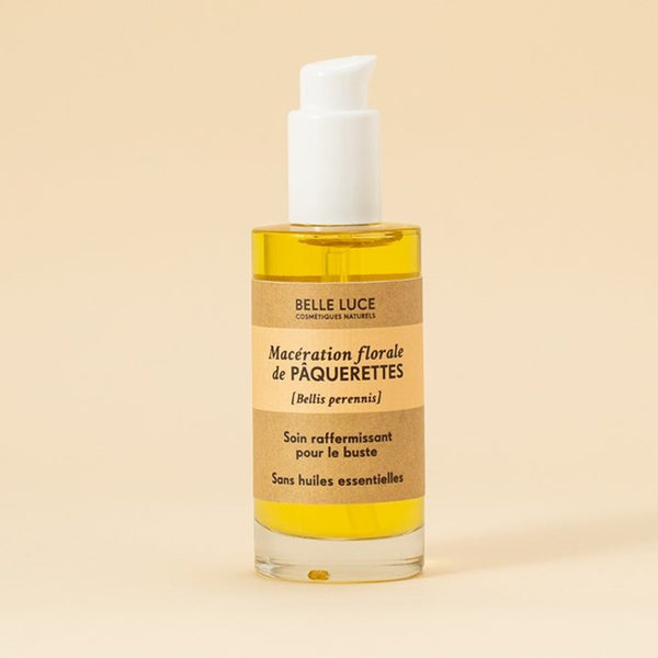 Huile de soin aux fleurs de pâquerettes , 100% pure et naturelle issue de la macération de fleurs de pâquerettes, cette huile est réputée pour ses vertus raffermissantes.  Aux propriétés galbantes, elle est recommandée pour les peaux qui manquent d'élasticité et de fermeté ainsi que pour les peaux délicates et/ou suite à une grossesse pour un effet tenseur.  Elle est idéale pour les soins du buste et du décolleté et pour aider à maintenir la tonicité cutanée. belle luce cosmétiques made in switzerland